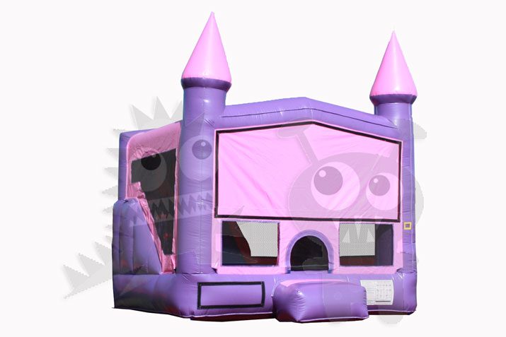 Inflatable Pink and Purple Castle Point Combo Bounce House with Inside Slide and Hoop Commercial Inflatable For Sale