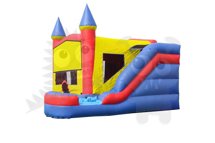 Red/Yellow & Blue Castle 6-in-1 Combo Bounce House Jumper with Slide Pool, Climbing Wall, and Basketball Hoop Commercial Inflatable For Sale